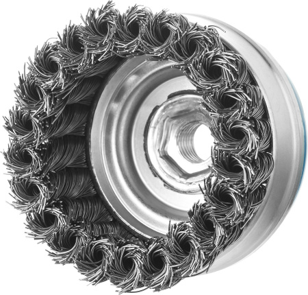 Профессионал. Щетка чашечная усиленная для УШМ, плетеные пучки стальной проволоки 0,5мм, 80ммхМ14 ЗУБР