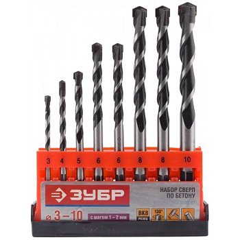 СУПЕР-6 8 шт: d 3-4-5-6-6-8-8-10 мм набор сверл по бетону с шестигранным хвостовиком ПРОФЕССИОНАЛ ЗУБР