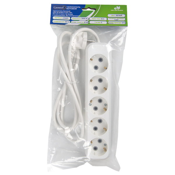 Удлинитель бытовой GES-16-3x100-5-1,5m, 16А, 3х1 мм2, 5 мест, 1,5 метра, с заземлением, без выключателя General