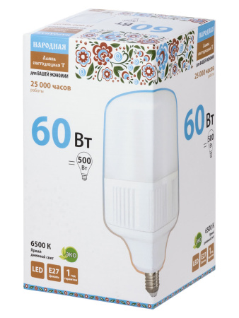 Лампа светодиодная T-60 Вт-230 В-6500 К–E27 (135x225 мм) Народная TDM
