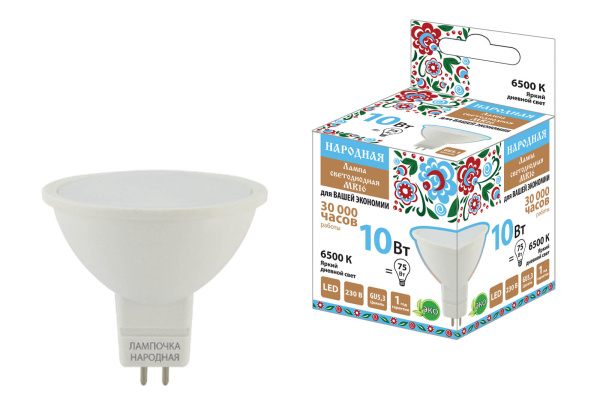 Лампа светодиодная MR16-10 Вт-230 В-6500 К–GU5,3 Народная TDM