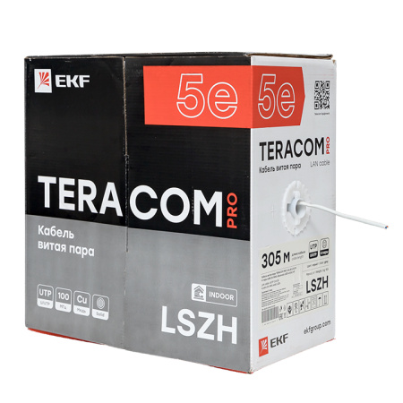 Кабель витая пара TERACOM PRO Cat,5E U/UTP 4 пары solid 24AWG оболочка LSZH нг(А)-HF цвет серый (упак, 305м) EKF