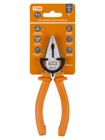 Пассатижи (плоскогубцы), с пластиковыми рукоятками, углеродистая сталь, 160 мм, серия "Гранит" TDM