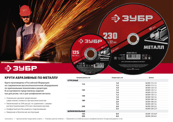 Круг отрезной абразивный по металлу, для УШМ, 150 x 1,6 x 22,2 мм, Мастер ЗУБР