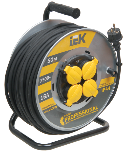 Катушка УК50 на мет. с термозащитой 4 места 2P+PE/50м КГ 3х1,5мм2 IP44 PROFESSIONAL IEK