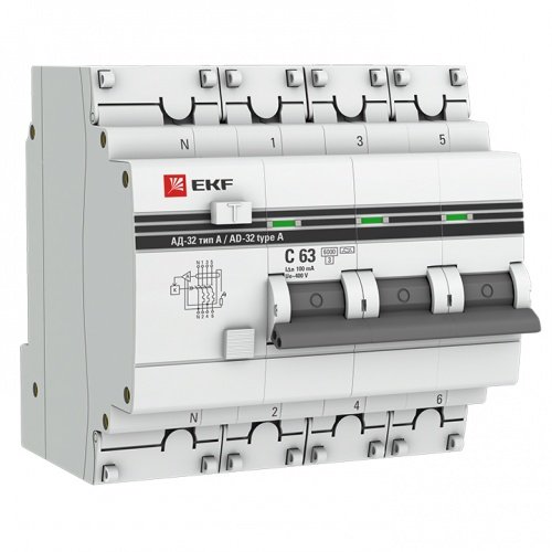 Дифференциальный автоматический выключатель АД-32 3П+N 63А 100мА (хар, С, А, электронный, защита 270В) 6кА PROxima EKF