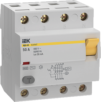 Устройство защитного отключения УЗО KARAT ВД3-63 4П 50А 30мА 6кА тип АС IEK Устройство защитного отключения УЗО KARAT ВД3-63 4П 50А 30мА 6кА тип АС IEK