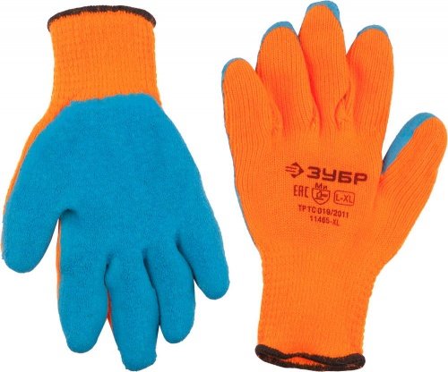 Утеплённые перчатки УРАЛ, акрил, рельефное латексное покрытие, сигнальный цвет, размер L-XL ЗУБР