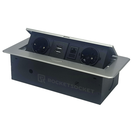 Розетка горизонтальная выдвижная 2 Euro 16A, 2 USB A с блоком 5В/2.1А, RJ45 RocketSocket, цвет серый