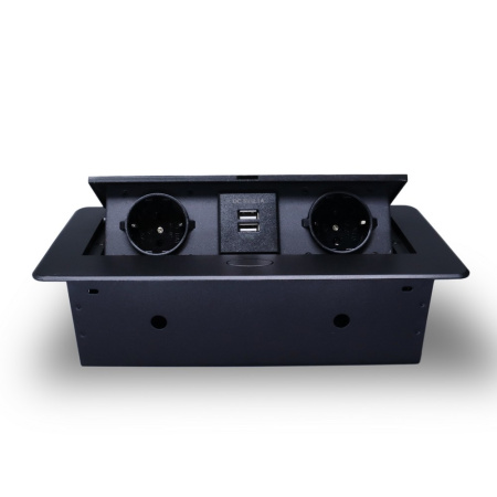 Розетка горизонтальная выдвижная 2 Euro 16A, 2 USB A с блоком 5В/2.1А черный RocketSocket
