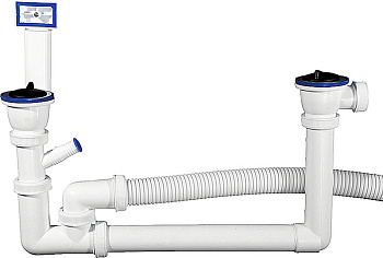 Сифон "Мастер" колбовый для двухместной мойки, выпуск - нержавеющая чашка, перелив, отвод для стиральной машины ЗУБР