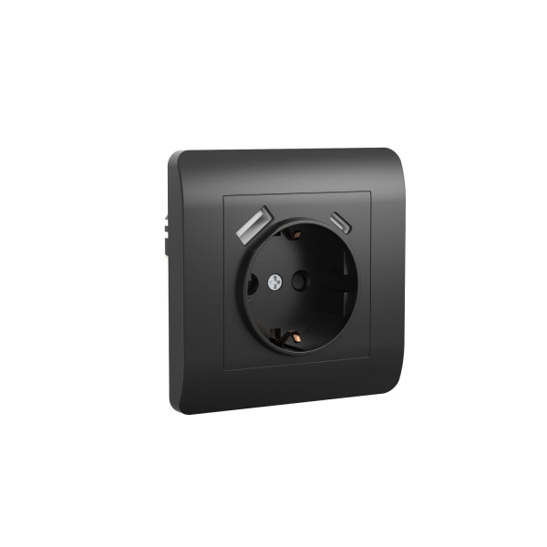 Розетка с/з со шторками, 16А+ USB двойная A+C, 5В/2,1А, черный NEW3-E CHINT