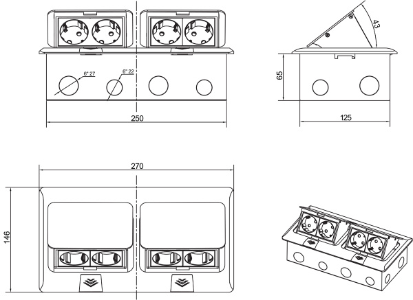 Donel Выдвижной блок 8 (4+4) мод. античная латунь (с уст. набором)
