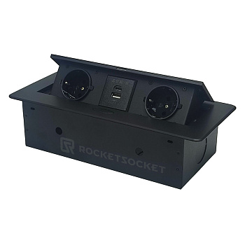 Розетка горизонтальная выдвижная 2 Euro 16A, USB type A+C с блоком 18W RocketSocket, цвет черный