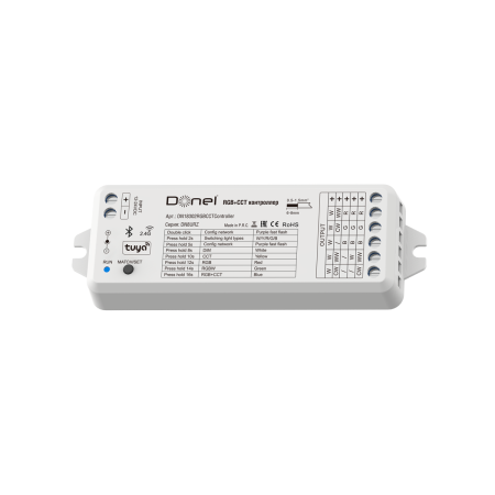 Donel RGB+CCT контроллер, напряжение питания 12-24V DC, 5х3А, выходная мощность 360W, Tuya Bluetooth & RF 2.4G, 107x75x24.5 мм. серия:DN8URZ