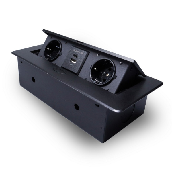 Розетка горизонтальная выдвижная 2 Euro 16A, USB type A+C с блоком 18W проводка, черный RocketSocket