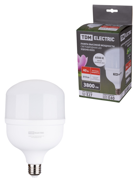 Лампа светодиодная T 40 Вт, 230 В, 6500 К, E27 (120x190 мм) TDM Лампа светодиодная T 40 Вт, 230 В, 6500 К, E27 (120x190 мм) TDM