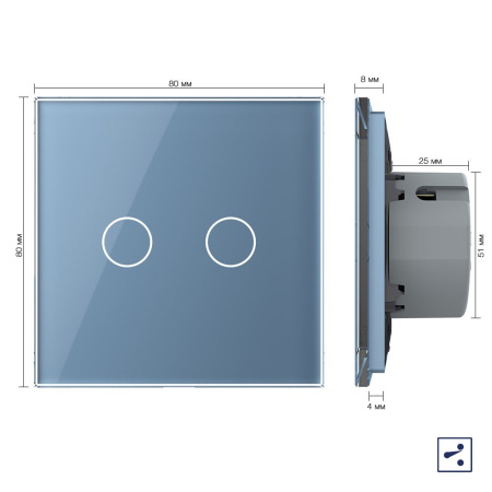 Сенсорный проходной выключатель 2 клавиши 1 пост Синий Livolo