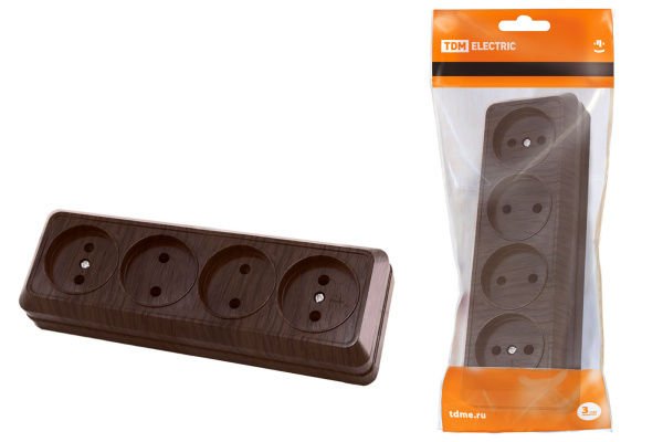 Розетка 4-х местная горизонтальная 2П открытой установки IP20 10A бук "Ладога" TDM Розетка 4-х местная горизонтальная 2П открытой установки IP20 10A бук "Ладога" TDM