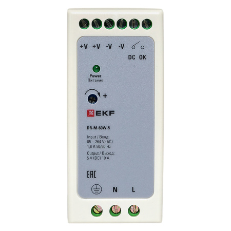 Блок питания на DIN рейку 60Вт, Uвх ~ 260 В AC m, Uвых - 5 В DC постоянного тока EKF