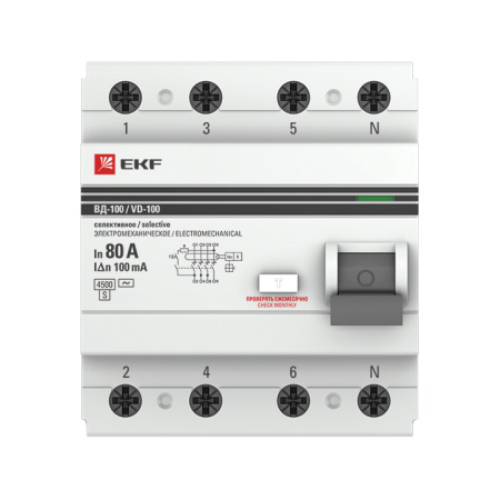 Устройство защитного отключения селективное УЗО 4П 80А (электромеханическое) 4,5кА 100мА PROxima EKF
