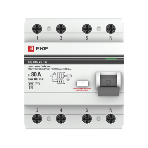 Устройство защитного отключения селективное УЗО 4П 80А (электромеханическое) 4,5кА 100мА PROxima EKF