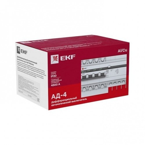 Дифференциальный автоматический выключатель АД-4 S 63А 100мА (хар, С, АС, электронный) 4,5кА PROxima EKF фото 4