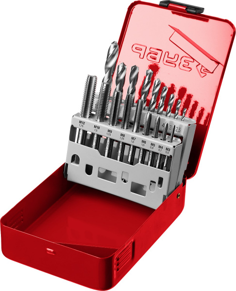 18 предметов, метчики 9ХС, сверла Р6М5, набор резьбонарезной (B) ЗУБР