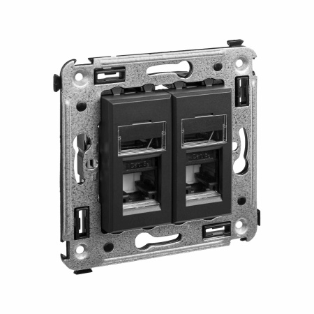 Компьютерная розетка RJ-45 в стену, кат.5e двойная, "Avanti", "Черный матовый" DKC