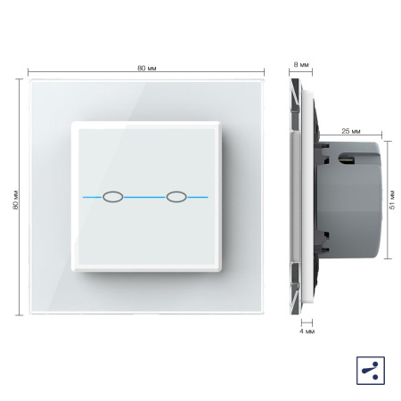Сенсорный проходной выключатель Quadro 2 клавиши 1 пост Белый Livolo