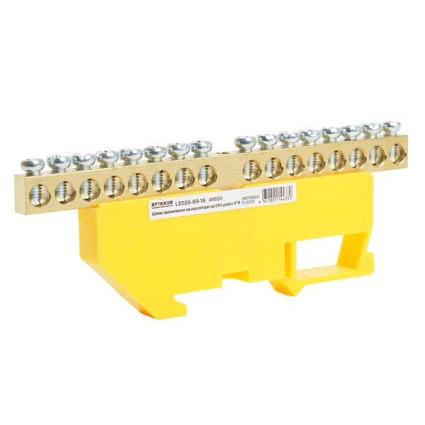 Шина "PE" на изоляторе STEKKER 6*9 на DIN-рейку 16 выводов, желтый, LD555-69-16