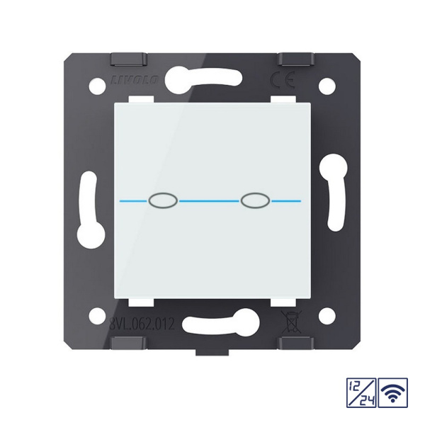 Двухклавишный сенсорный выключатель Quadro 12/24В с радиоупр., цвет белый (механизм) Livolo