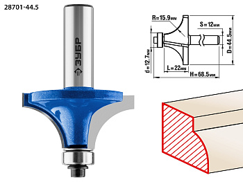 44,5x22мм, радиус 16мм, фреза кромочная калевочная №1 ЗУБР