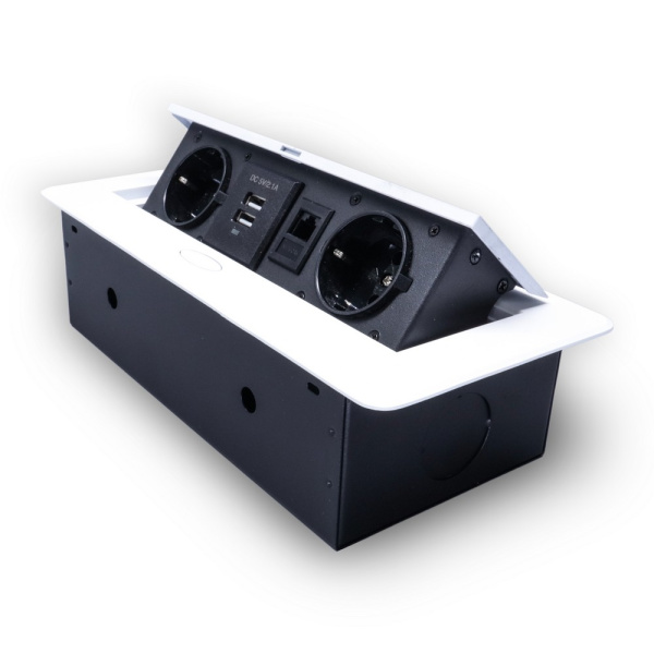 Розетка горизонтальная выдвижная 2 Euro 16А, 2 USB A с блоком 5В/2.1А, RJ45 RocketSocket, проводка, цвет белый