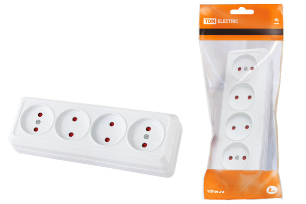 Розетка 4-х местная горизонтальная 2П открытой установки IP20 10A с з/ш белая "Ладога" TDM Розетка 4-х местная горизонтальная 2П открытой установки IP20 10A с з/ш белая "Ладога" TDM