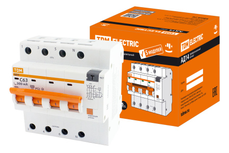 Дифференциальный автоматический выключатель АД14 4П 63А С 300мА 4,5кА тип АС 5 мод TDM