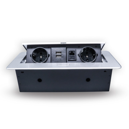 Розетка горизонтальная выдвижная 2 Euro 16А, 2 USB A с блоком 5В/2.1А, RJ45 RocketSocket, проводка, цвет серый