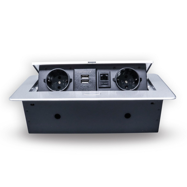 Розетка горизонтальная выдвижная 2 Euro 16А, 2 USB A с блоком 5В/2.1А, RJ45 RocketSocket, проводка, цвет серый