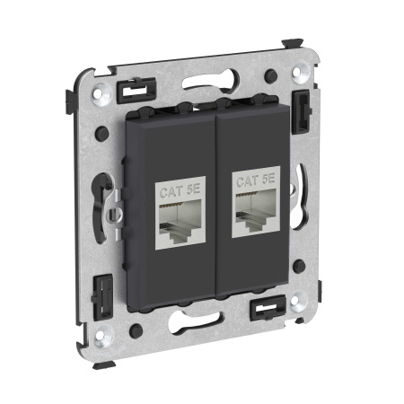 Компьютерная розетка RJ-45 без шторки в стену, кат.5e двойная экранированная, "Avanti", "Черный матовый" DKC