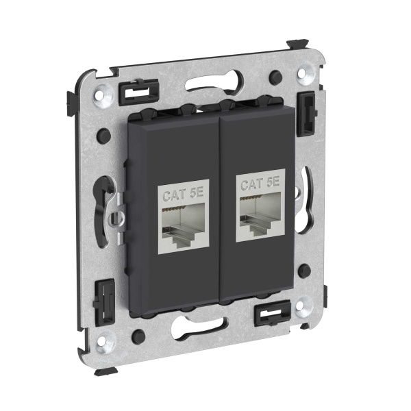Компьютерная розетка RJ-45 без шторки в стену, кат.5e двойная экранированная, "Avanti", "Черный матовый" DKC