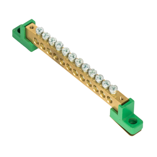 Шина "0" PE 8x12мм 12 отверстий латунь с контактной пластиной 2 зелёных угловых изолятора PROxima EKF