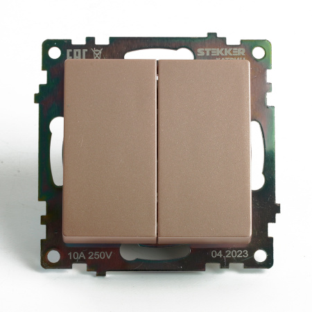 Переключатель 2-клавишный (механизм), STEKKER GLS10-7107-02, 250V, 10А, серия Катрин, шампань