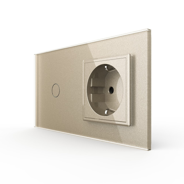 Одноклавишный сенсорный выключатель с розеткой 2 поста, цвет шампань Livolo