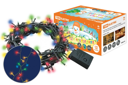 Гирлянда новогодняя светодиодная, СГ 100 З, 220 В, зеленый шнур, многоцветная, 5 м, 8 режимов TDM Гирлянда новогодняя светодиодная, СГ 100 З, 220 В, зеленый шнур, многоцветная, 5 м, 8 режимов TDM