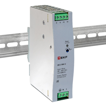 Блок питания на DIN рейку 75Вт, Uвх ~ 220 В AC, Uвых - 12 В DC постоянного тока EKF