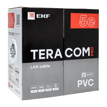 Кабель витая пара TERACOM PRO Cat,5E F/UTP 4 пары solid 24AWG оболочка PVC цвет серый (упак, 305м) EKF