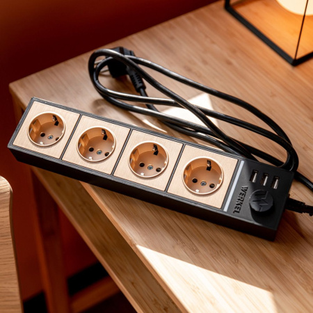 Розеточный блок 4-х местный + 3 USB черный/шампань рифленый Werkel