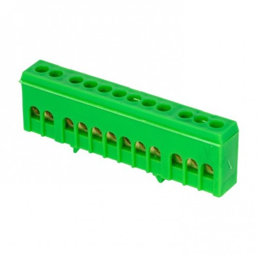 Шина "0" PE (6х9мм) 12 отверстий латунь зеленый изолированный корпус на DIN-рейку розничный стикер PROxima EKF