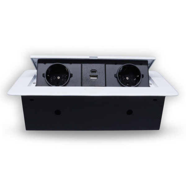 Розетка горизонтальная выдвижная 2 Euro 16А, USB type A+C с блоком 18W RocketSocket, проводка, цвет белый