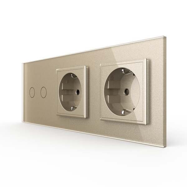 Двухклавишный сенсорный выключатель с двумя розетками 3 поста, цвет шампань Livolo